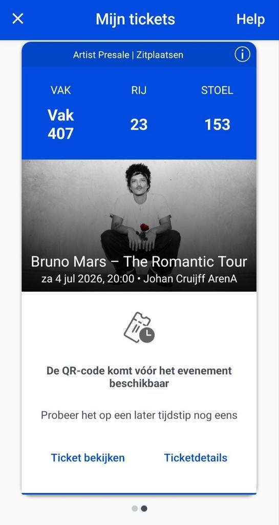 Bruno Mars zitplaats ticket Zaterdag 4juli (1 ticket), Eén persoon, Juli