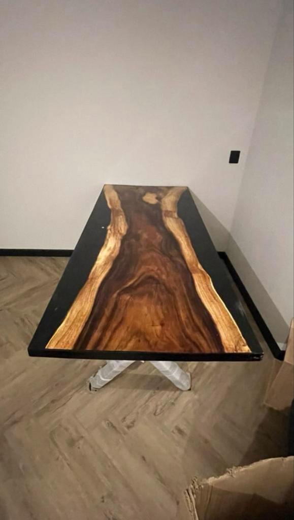 Epoxy houten tafelblad met X-poten - India import, Ophalen, Gebruikt, 50 tot 100 cm, 150 tot 200 cm