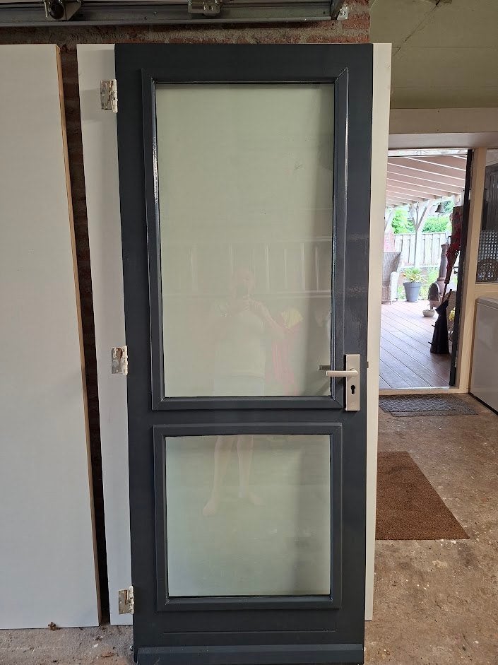 Buitendeur hardhout Merbau 83x210 cm incl. HR++ beglazing, Ophalen, Gebruikt, 80 tot 100 cm, Buitendeur