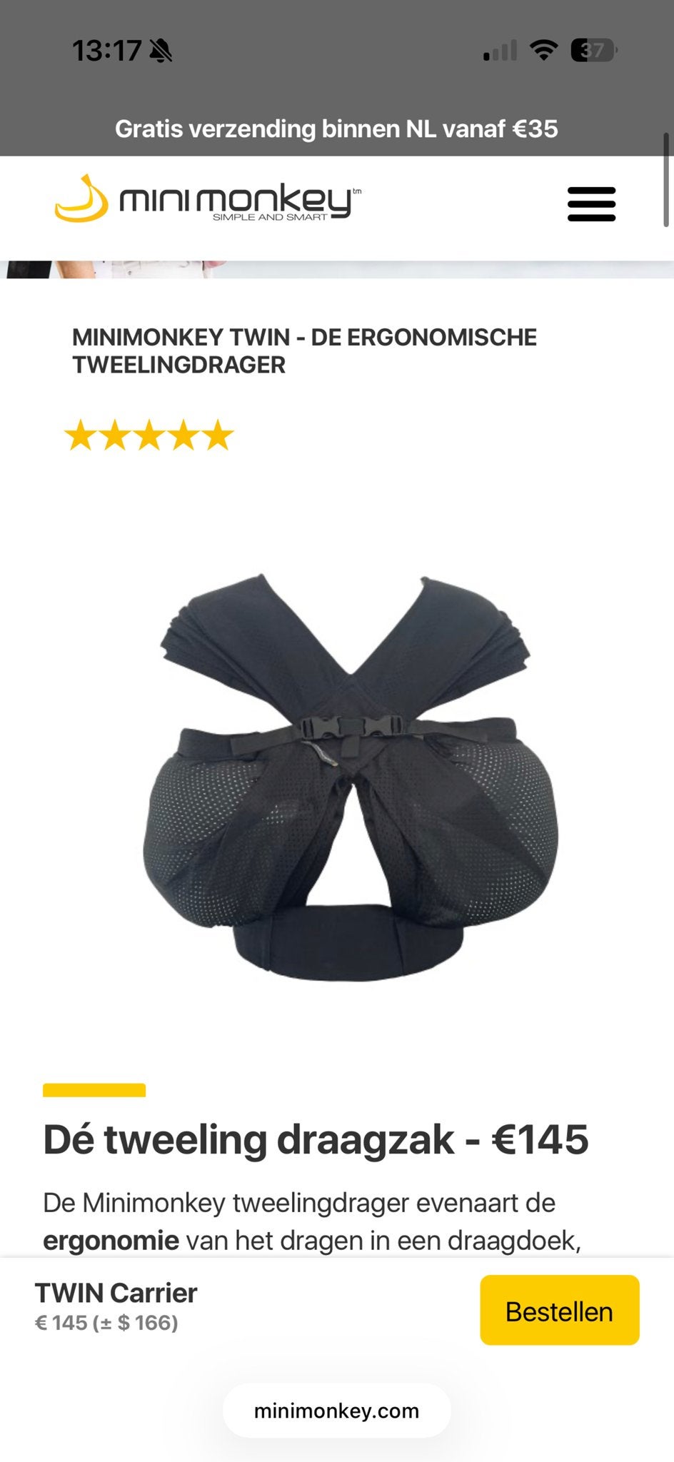 Minimonkey Tweeling Draagzak - Zwart, Kinderen en Baby's, Babydragers en Draagdoeken, Buik of Rug, Nieuw, Draagzak, Ophalen