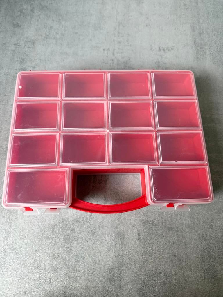 Dubbele opbergbox met 28 vakjes - rood/transparant, Ophalen, Zo goed als nieuw
