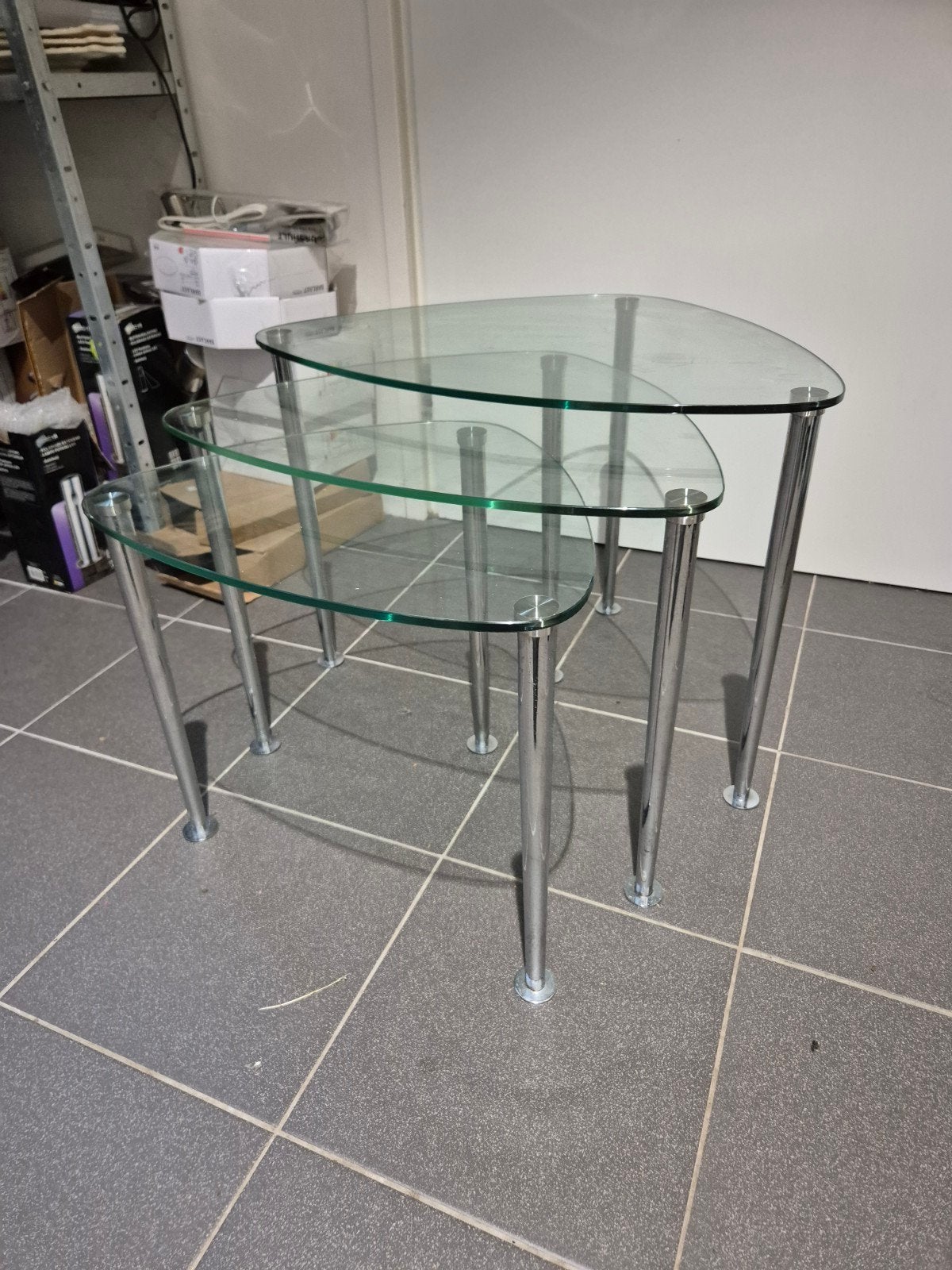 3 vintage glas chroom bijzettafeltjes miniset italy design, Minder dan 55 cm, Onbekend, Glas, Onbekend