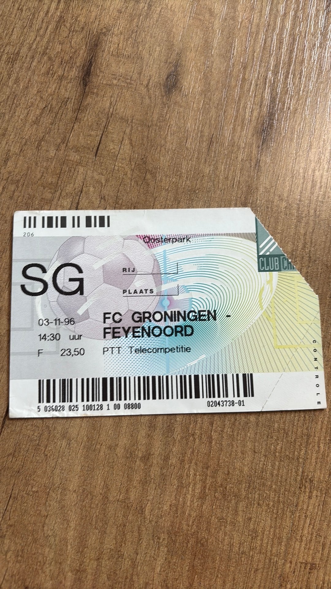 Oud stadionticket feyenoord groningen 1996, Ophalen of Verzenden, Feyenoord