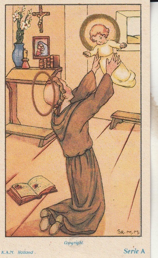 Religieuze prent: Monnik met Jezuskind, Ophalen of Verzenden, Gebruikt, Kaart of Prent, Christendom | Katholiek