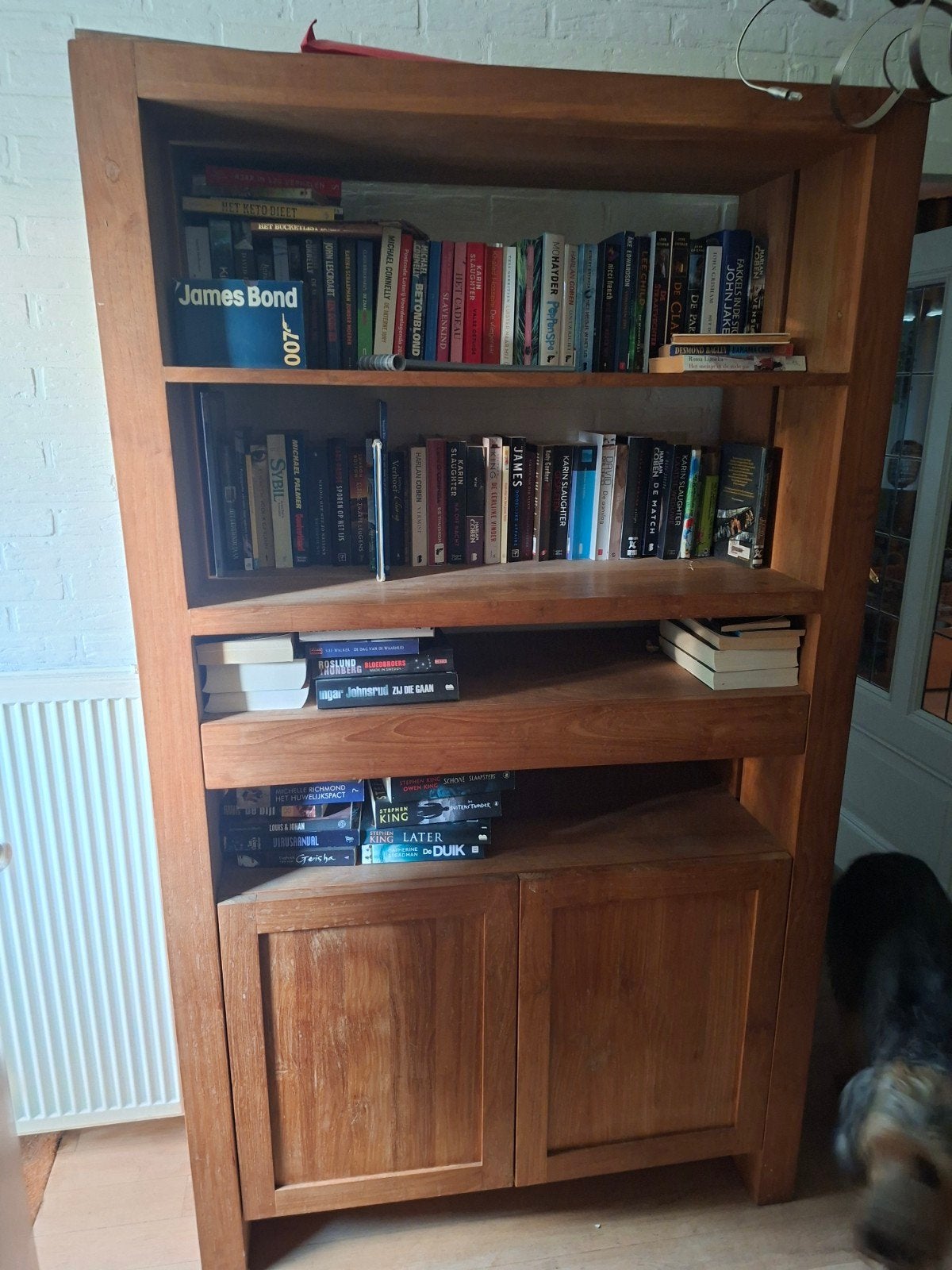 Massief teakhouten boekenkast met lades en deuren, Huis en Inrichting, Ophalen, 200 cm of meer, Teakhout, 50 tot 100 cm