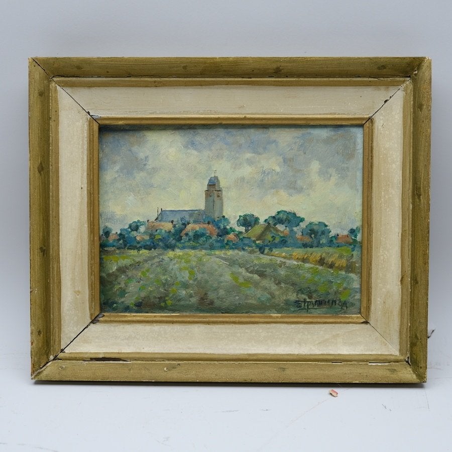 Simon Kamminga (1895-1984) – Dorpsgezicht met kerk, Antiek en Kunst, Paneel, Nederlandse school, Ophalen of Verzenden, Olieverf