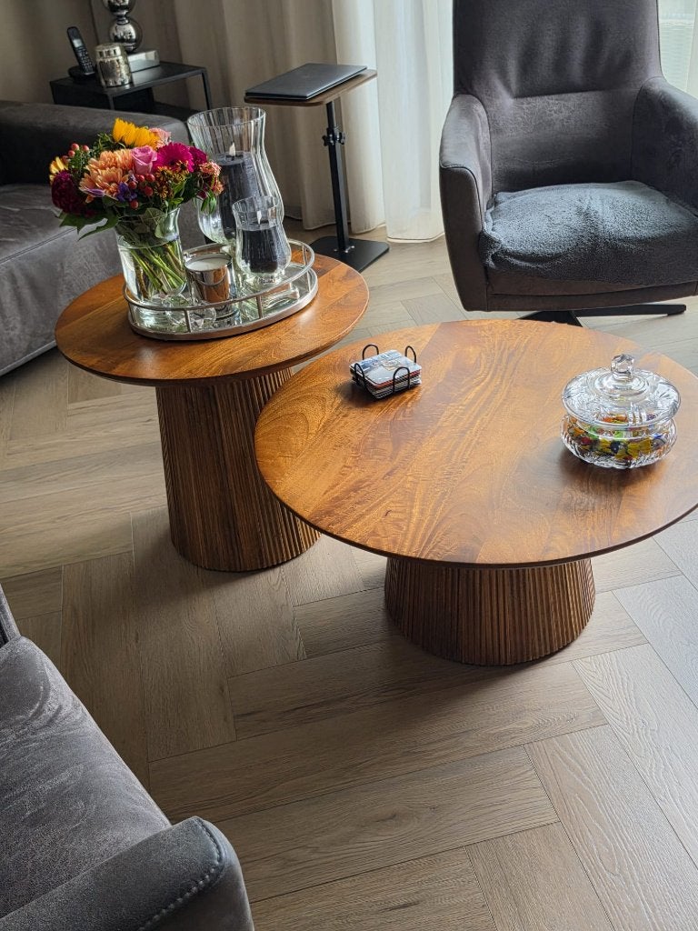 Set van 2 ronde houten salontafels, Huis en Inrichting, Ophalen, 50 – 75, 50 tot 100 cm, Modern, Elegant