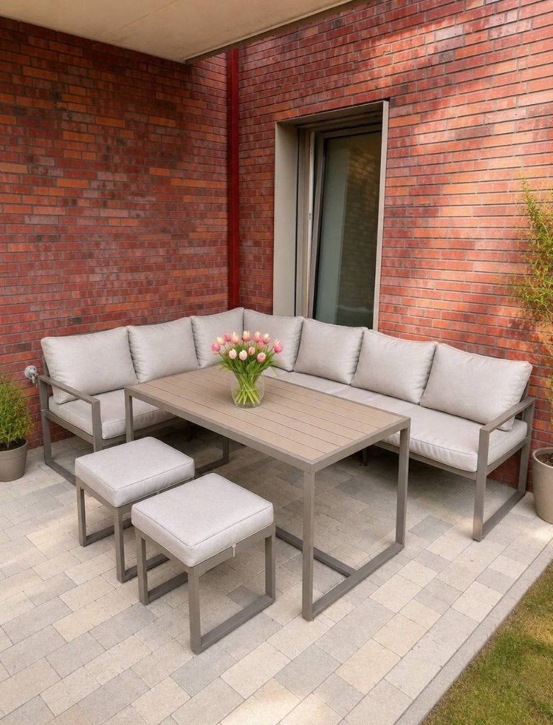 Loungeset met tafel, hoekbank & 2 krukken, Tuin en Terras, Ophalen, 5 zitplaatsen, Kunststof, Zo goed als nieuw