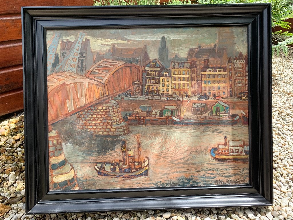 Olieverf schilderij Spoorbrug Rotterdam Nico Benschop 1955, Antiek en Kunst, Kunst | Schilderijen | Klassiek, Ophalen