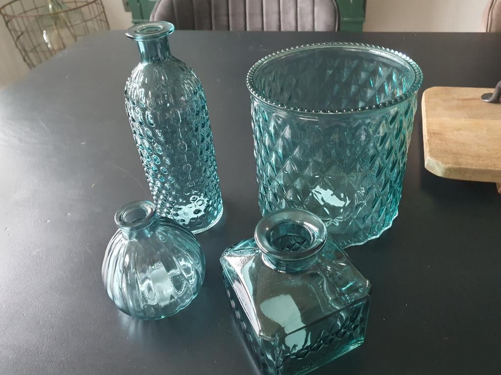 Windlicht blauw glas, *, Overige materialen, Blauw, *