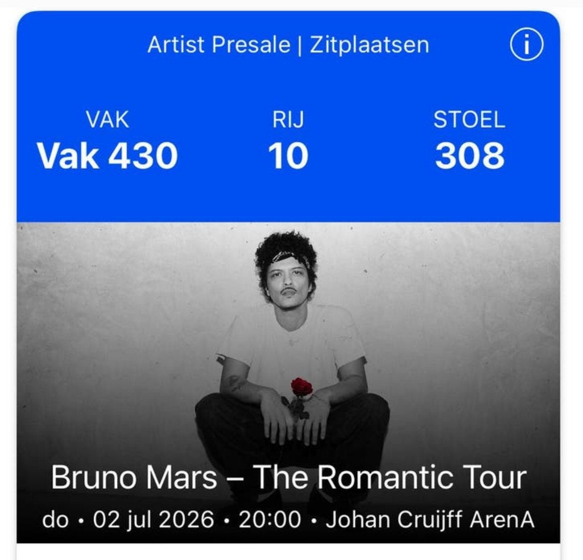 1x Bruno Mars - 2 juli Amsterdam - zitplaats, Eén persoon, Juli