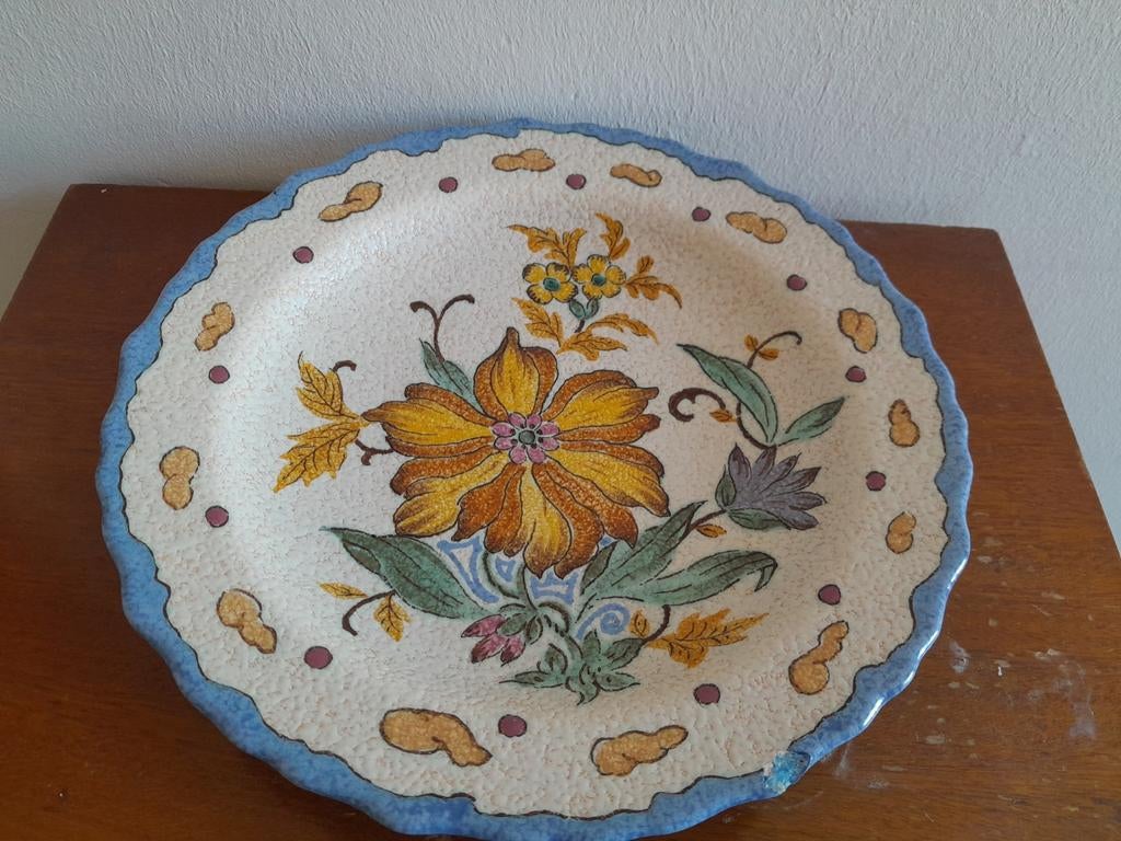 Schaal wand bord vintage gouds plateel, Ophalen of Verzenden