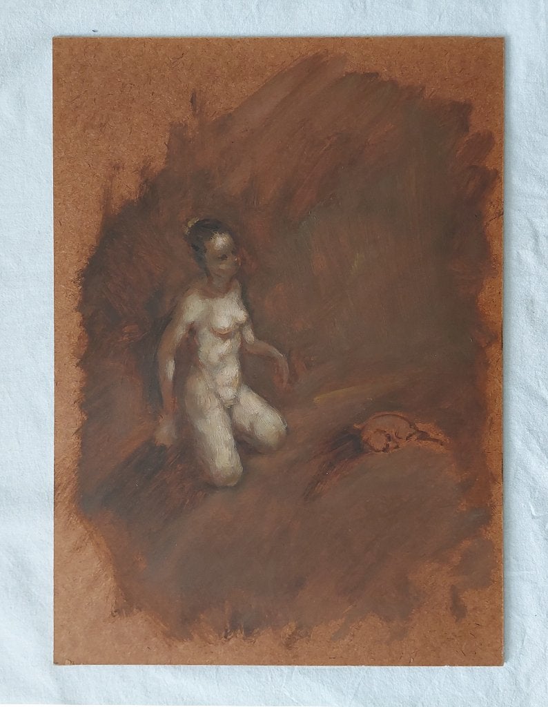 Schilderijtje/ Studie van Naakte Vrouw met Hondje - Olieverf, Antiek en Kunst, Portret of Personen, Ophalen of Verzenden, Olieverf