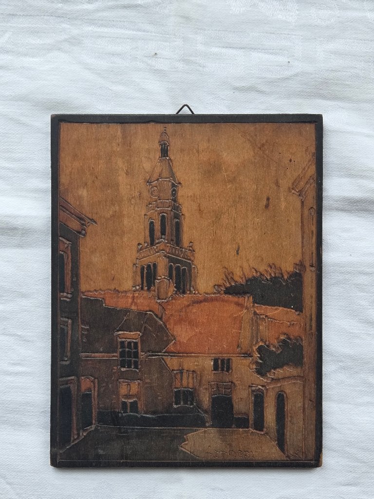 Schilderij 4: Houten brandtekening: de Eusebiuskerk Arnhem, Antiek en Kunst, Kunst | Schilderijen | Klassiek, Ophalen of Verzenden