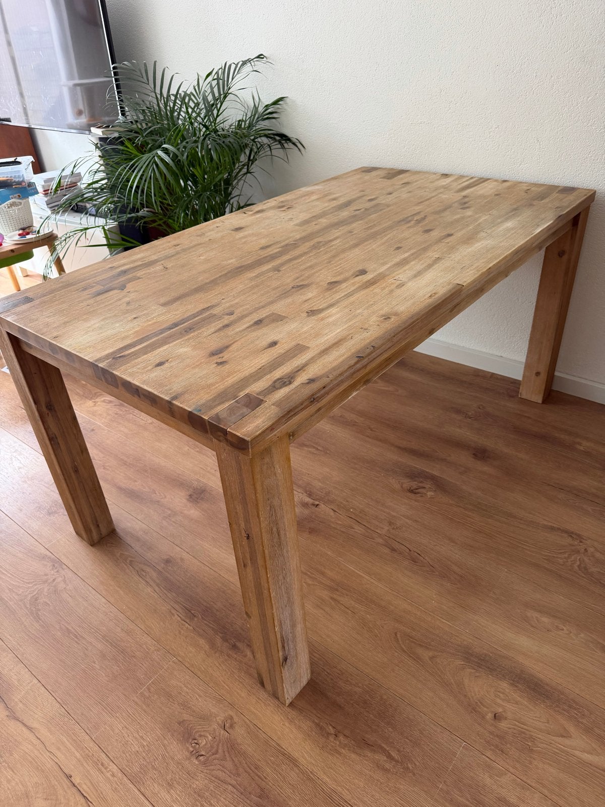 Robuuste houten eettafel (160x90x77), Ophalen, Gebruikt, 50 tot 100 cm, 150 tot 200 cm