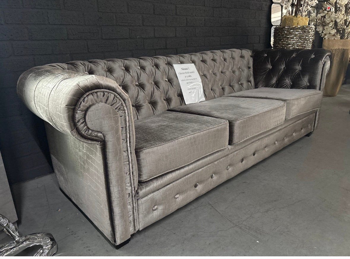 2+3 zits chesterfield model velvet croco stof, Ophalen of Verzenden, Zo goed als nieuw, 75 tot 100 cm, Stof