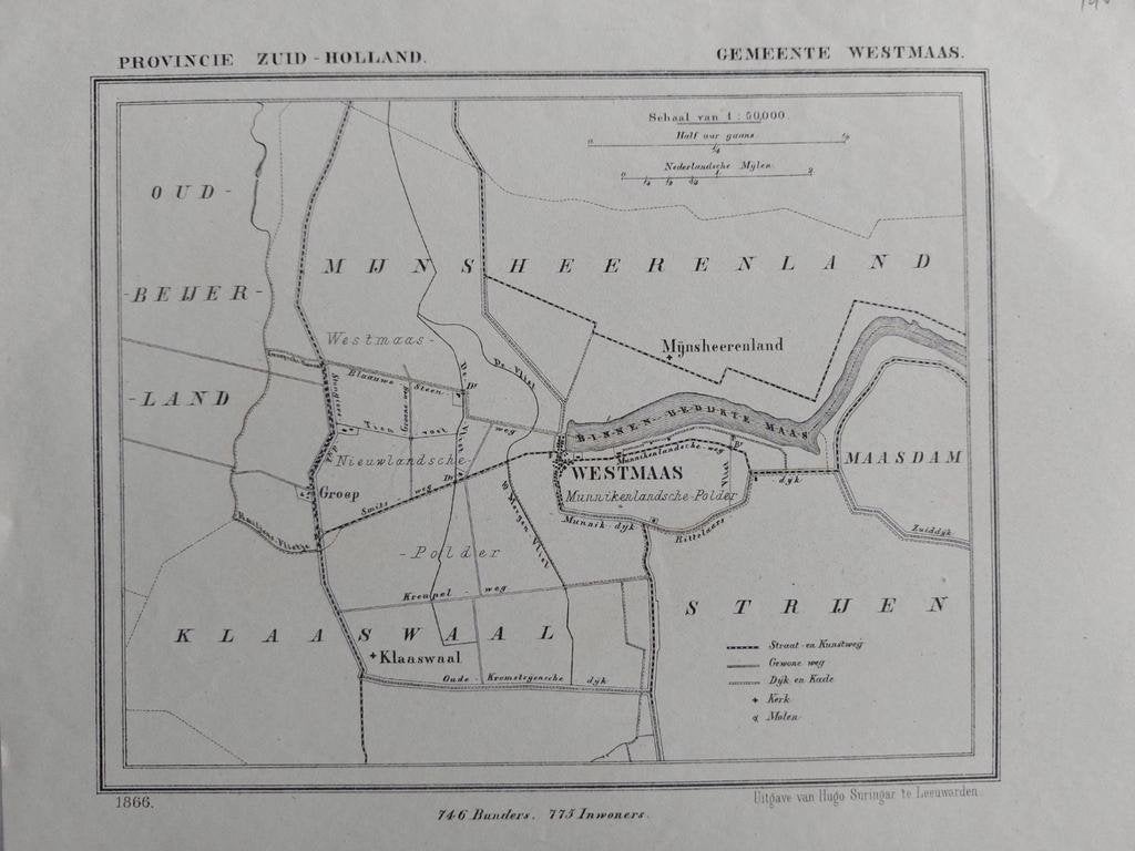196 / Westmaas Klaaswaal ZH Litho uit 1866 van J. Kuyper, Antiek en Kunst, Kunst | Litho's en Zeefdrukken, Ophalen of Verzenden