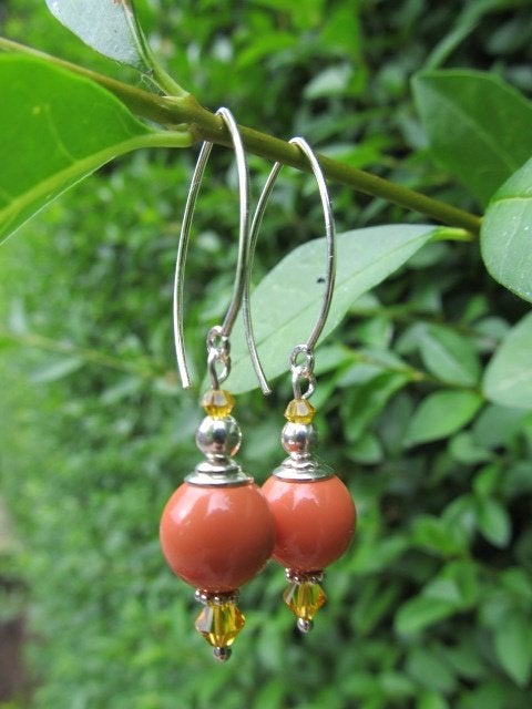 Oorbellen Salmon Yellow swarovski parel-kristal zilver, Hangers, Nieuw, Oranje, Zilver
