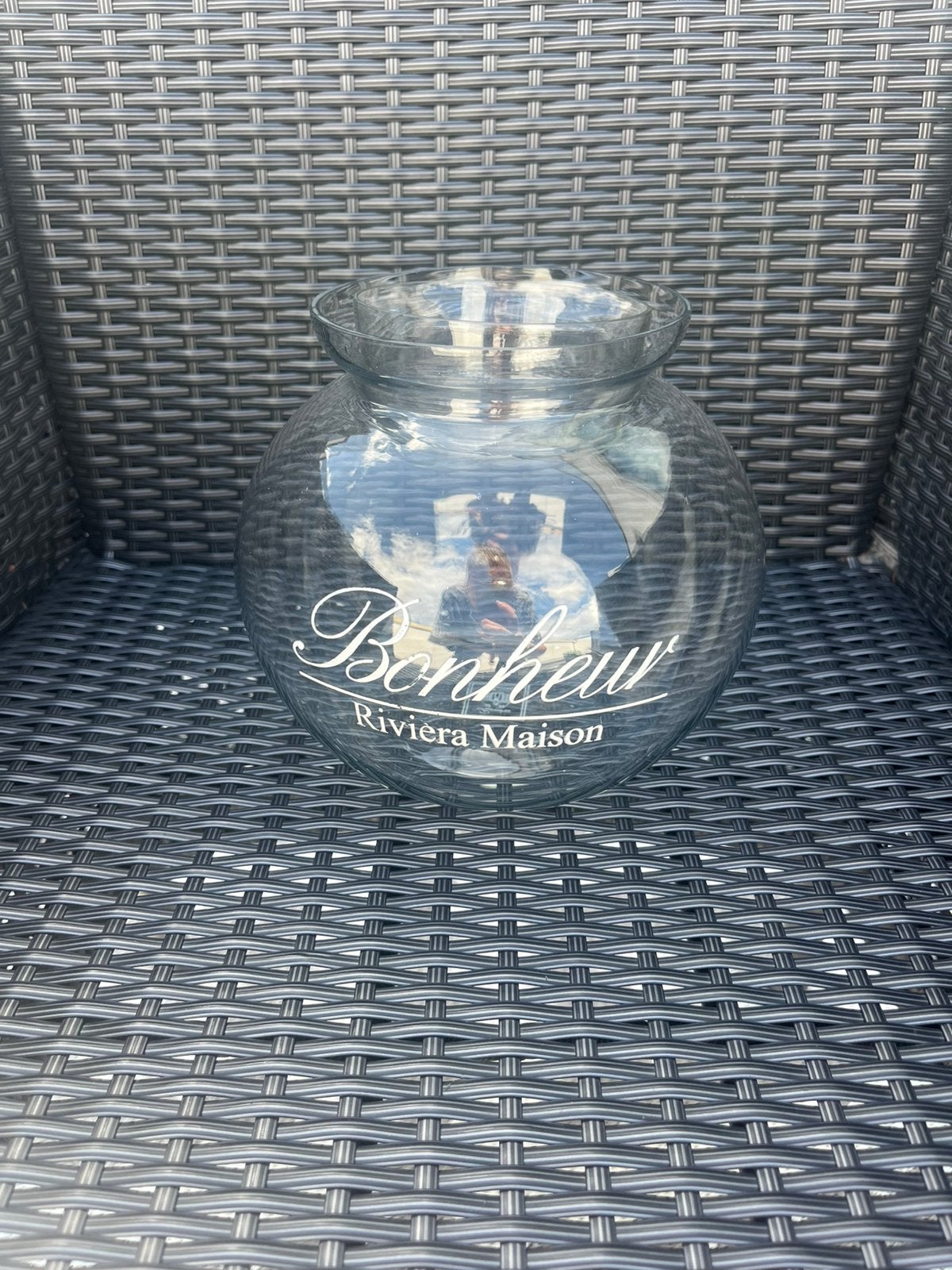 Te koop: Rivièra Maison windlicht Bonheur pot/vaas., Ophalen of Verzenden, Zo goed als nieuw, Overige materialen, Kandelaar
