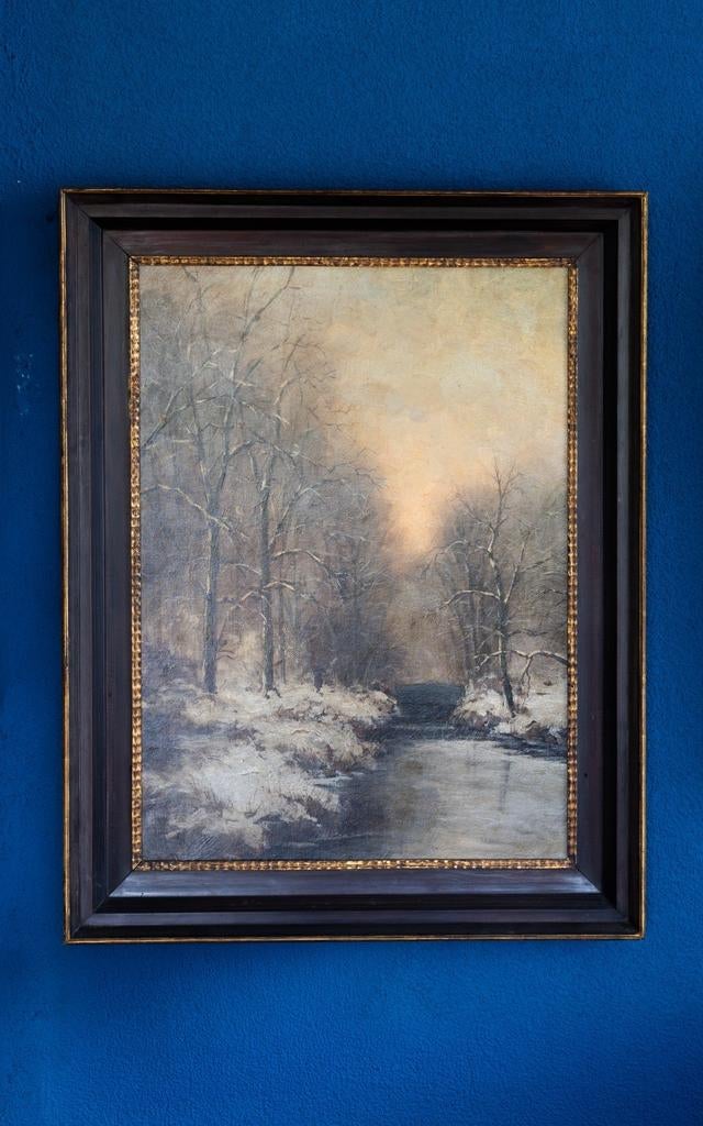 Groot vintage olieverfschilderij winterlandschap – H. Rust –, Ophalen
