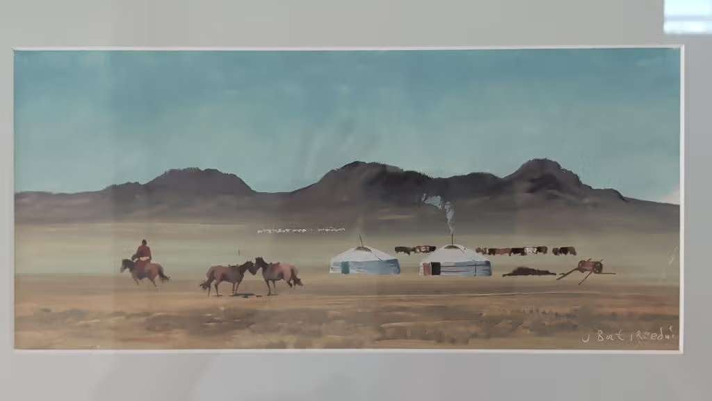 Schilderij uit Mongolië met yurts, Antiek en Kunst, Ophalen, Klassiek, Achter glas, Landschap
