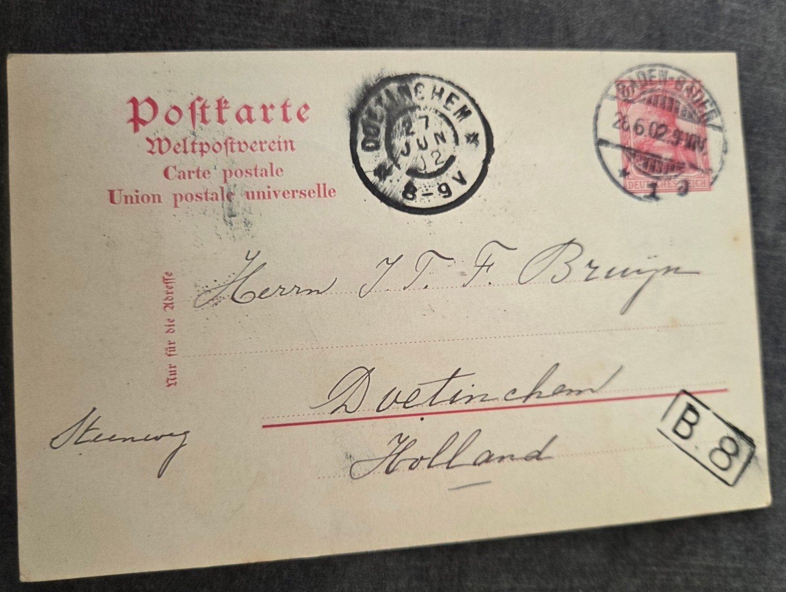 Oude ansichtkaart Baden-Baden 1902 - Geschreven, Verzamelen, Verzenden, Voor 1920, Gelopen, Overige thema's