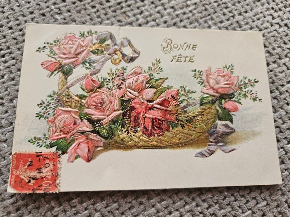 brocante relief Ansichtkaart rozen, Ophalen of Verzenden, Voor 1920, Ongelopen, Overige thema's