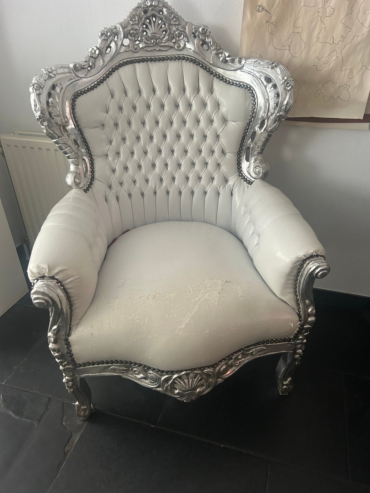 Barokke fauteuil, wit met zilveren details - opknapper, Ophalen, Gebruikt, Wit, Eén