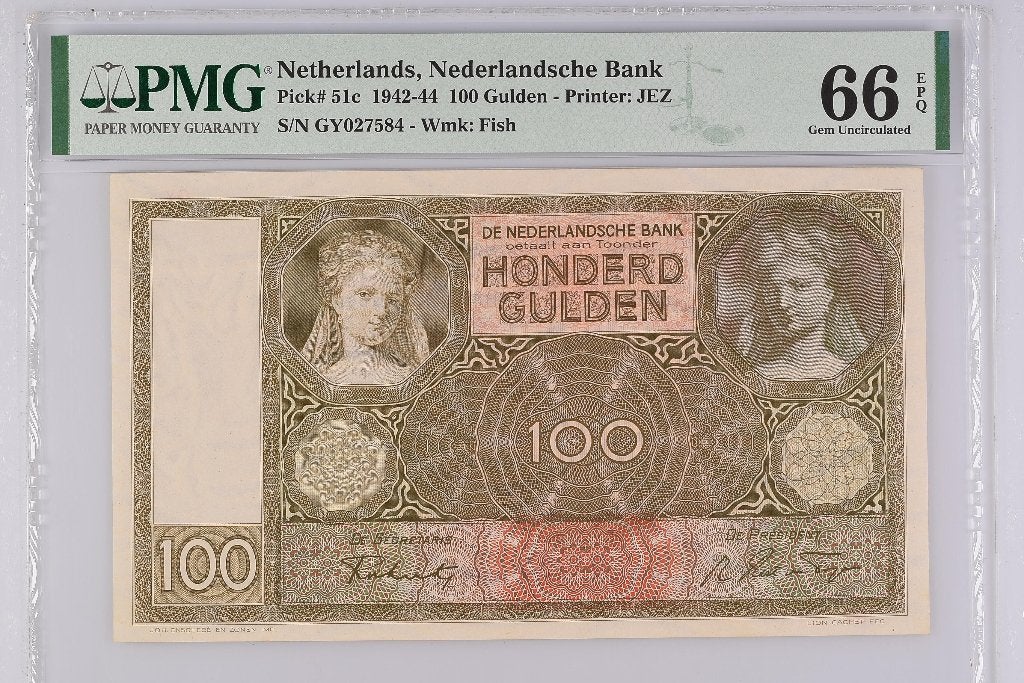 UNC biljet 100 gulden Luitspelende Vrouw, 1942 | PMG 66, Postzegels en Munten, Ophalen of Verzenden, 100 gulden