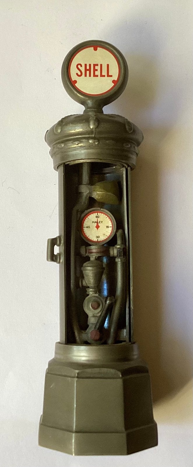 Miniatuur tinnen benzinepomp met Shell logo., Antiek en Kunst, Ophalen of Verzenden