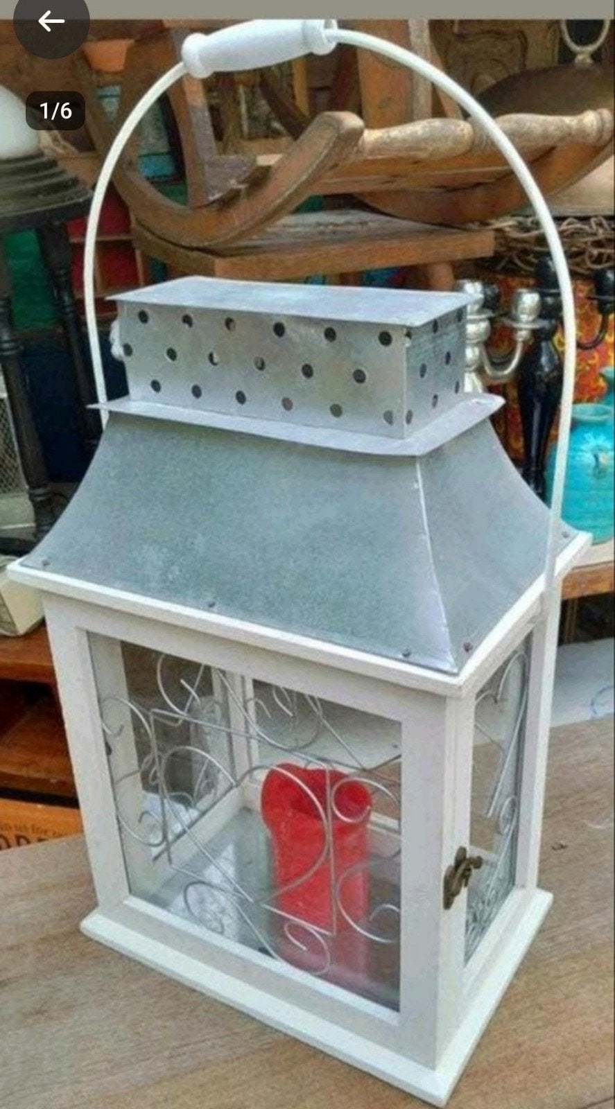 Grote brocante witte houten lantaarn, windlicht, Hout, Ophalen of Verzenden, Wit, Gebruikt