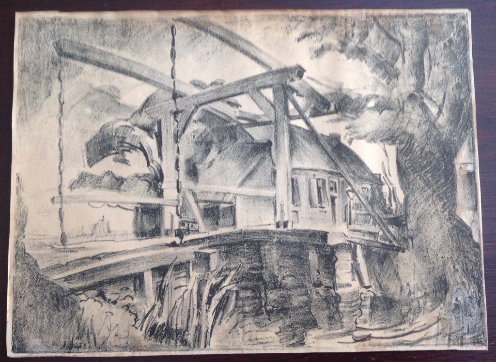Harrie KUYTEN - 1920's - Kortenhoef Gravensbrug, Ingelijst, Ophalen, Landschappen, Linosnede