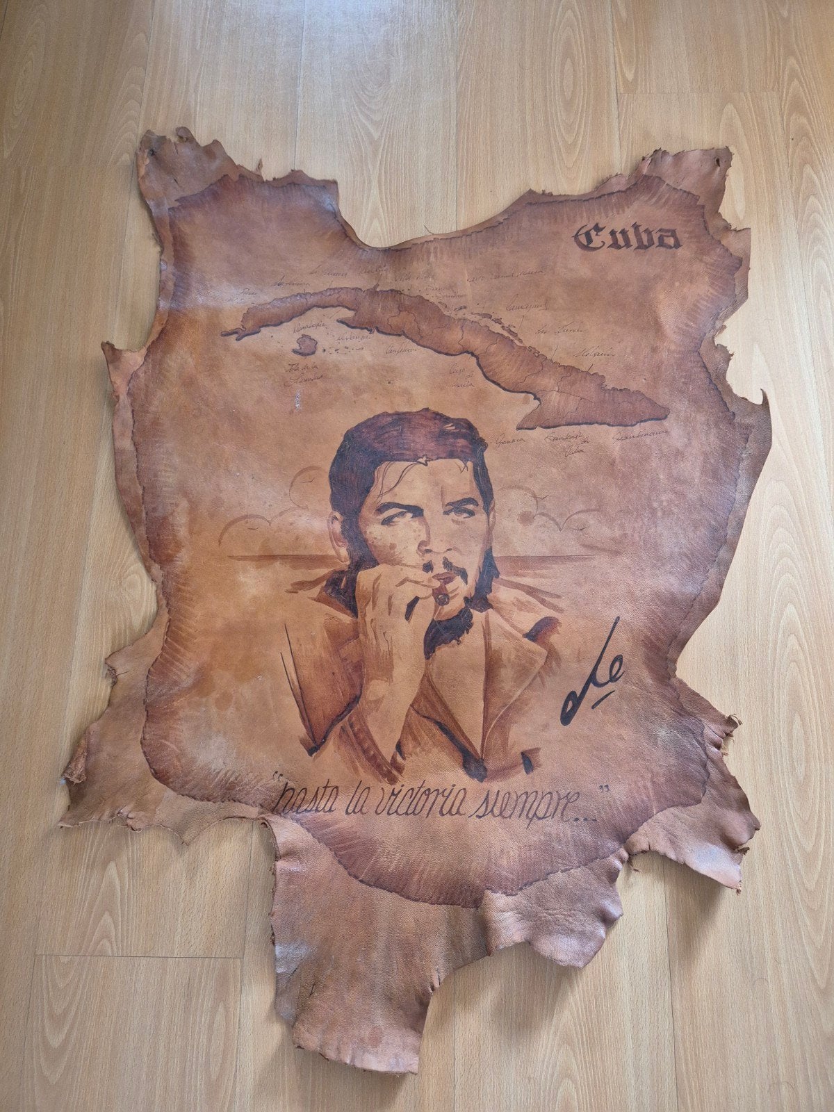 Unieke lederen afbeelding van Che Guevara, gekocht op Cuba, Antiek en Kunst, Ophalen of Verzenden, Handgemaakt