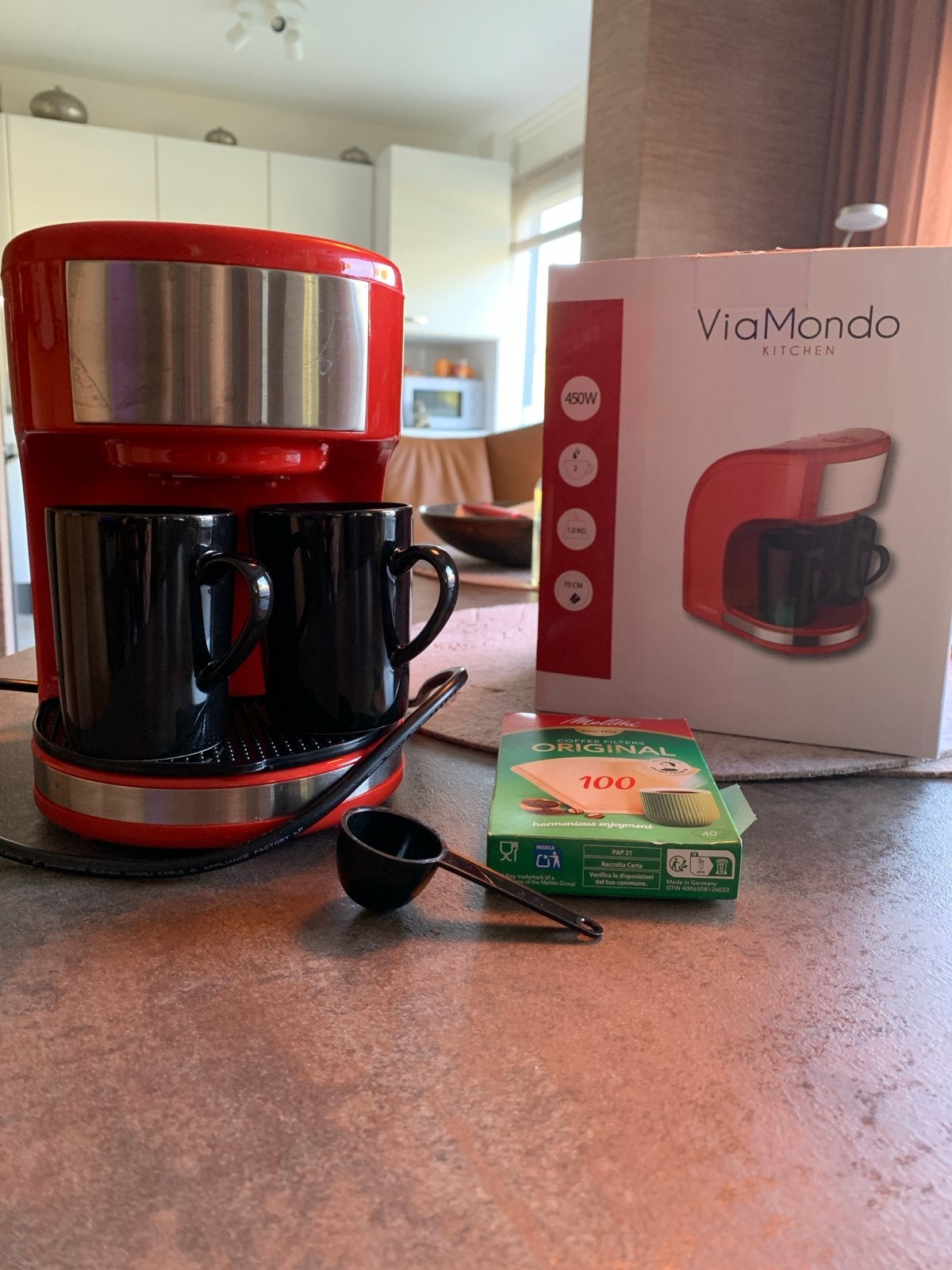 ViaMondo Kitchen Koffiezetapparaat - Rood, Ophalen of Verzenden, Zo goed als nieuw, Koffiemachine, Gemalen koffie