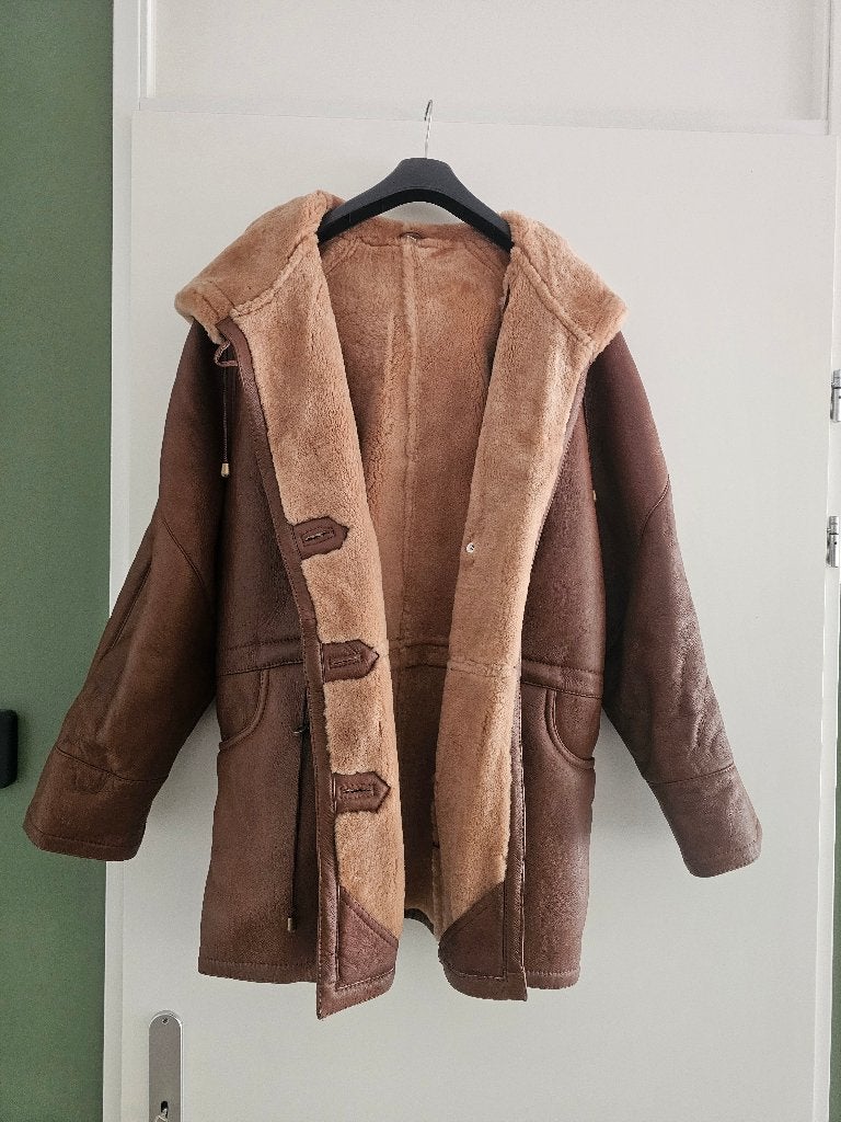 Echte ledere Lange lammy coat met capuchon, Ophalen, Zo goed als nieuw, Maat 46/48 (XL) of groter, Bruin