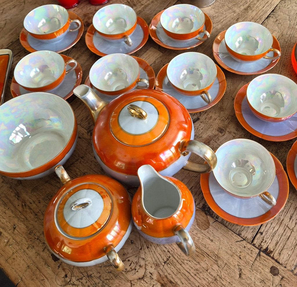 Lusterware Theeservies- oranje parelmoer-Art Deco, Ophalen, Gebruikt, Porselein, Compleet servies