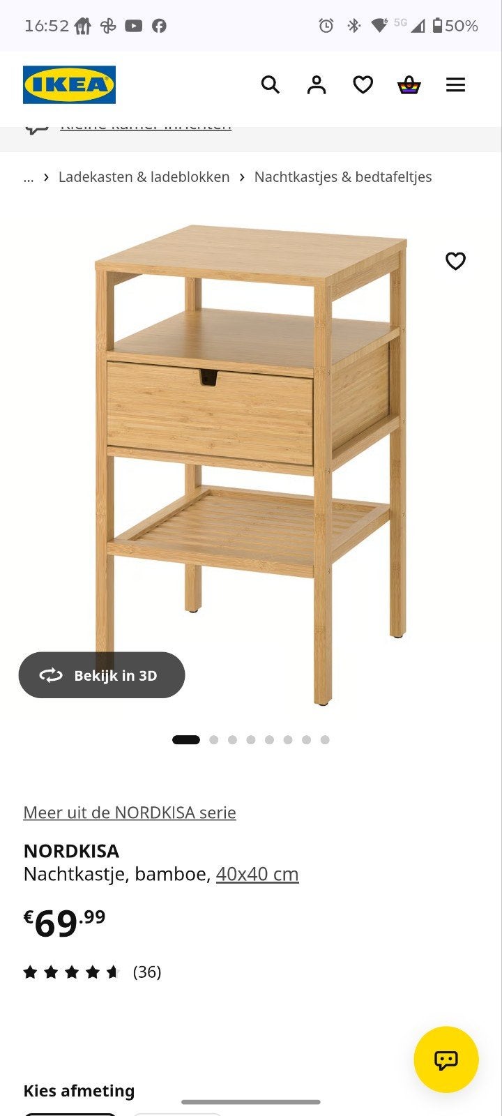 IKEA NORDKISA Nachtkastje, bamboe, 40x40 cm, Ophalen, Minder dan 45 cm, 55 tot 70 cm, Zo goed als nieuw