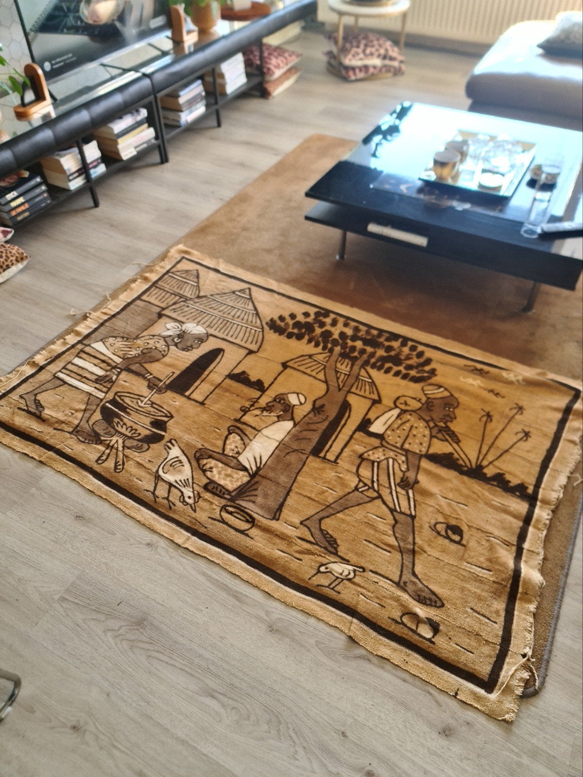 Handbeschilderd Afrikaans doek - 167x112 cm, Wanddecoratie, Textiel, Bruin, Geschilderd