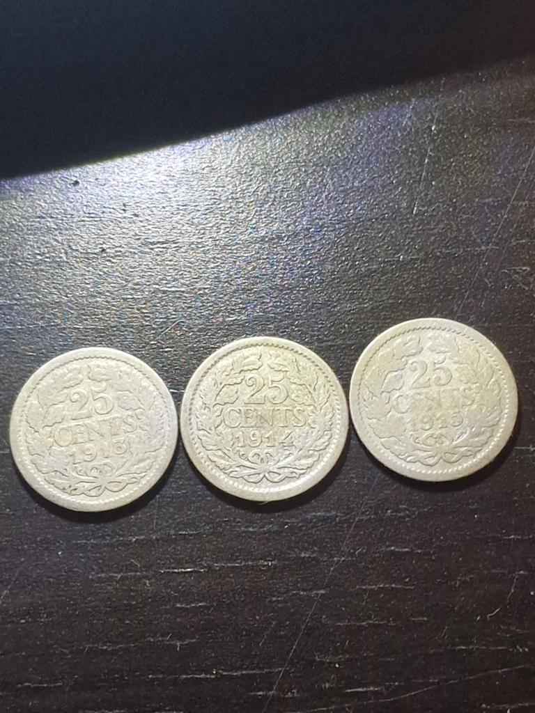 Zilveren 25 cent 1913, 1914, 1915, Postzegels en Munten, Munten | Nederland, Ophalen of Verzenden, Koningin Wilhelmina, 25 cent