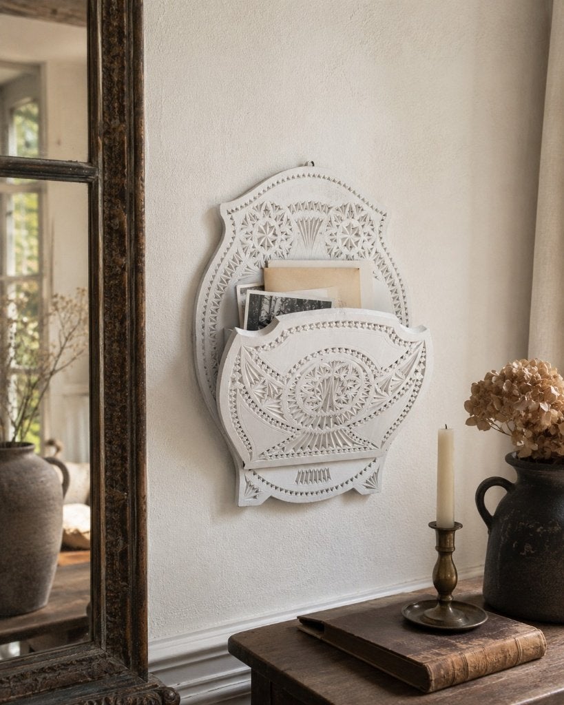 Vintage handgesneden houten wandbrievenhouder – houtsnijwerk, Ophalen of Verzenden