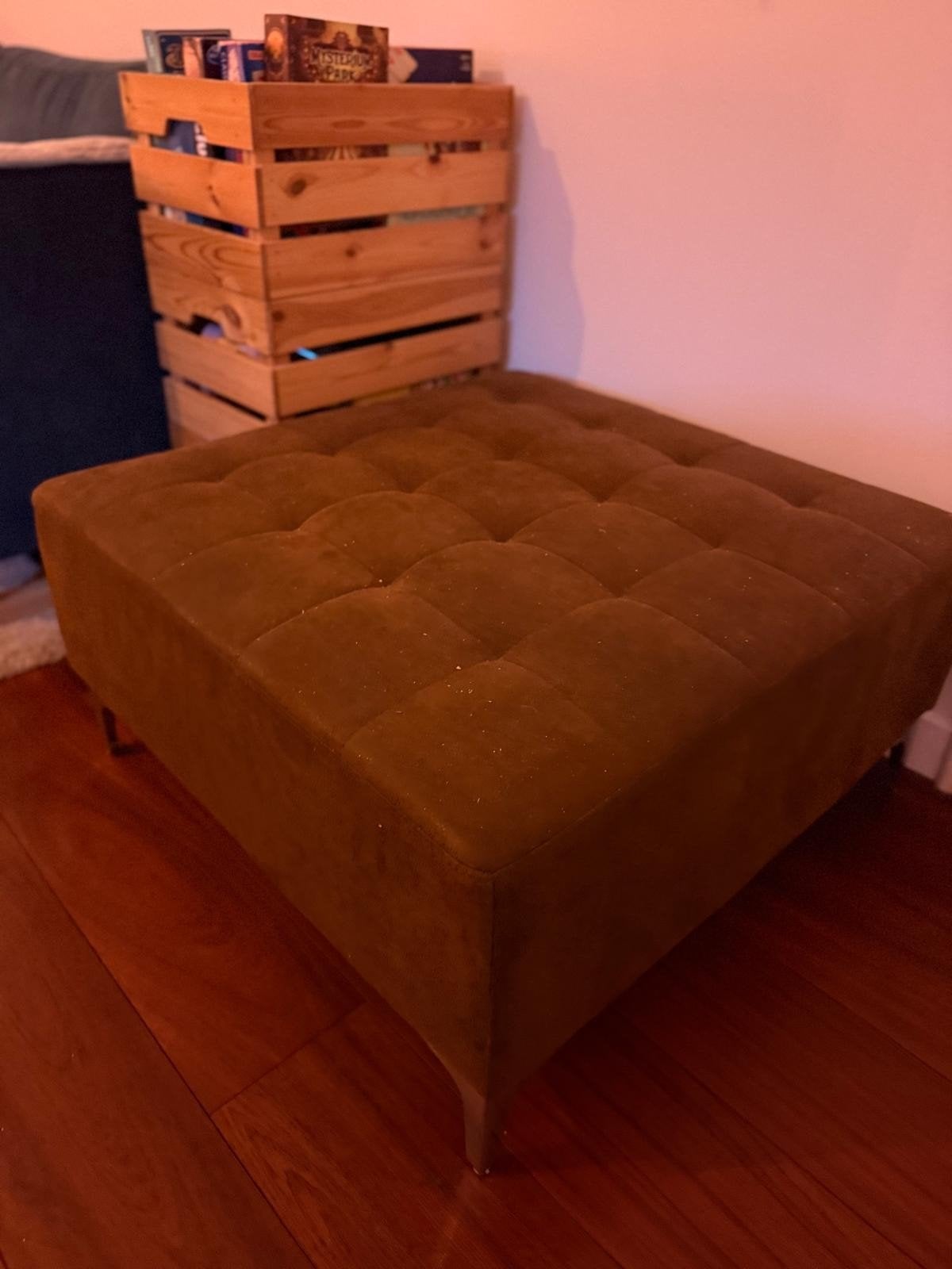Bruine leren Ottoman / Poef met afneembare poten, Gebruikt, Vierkant, Leer, 75 tot 100 cm