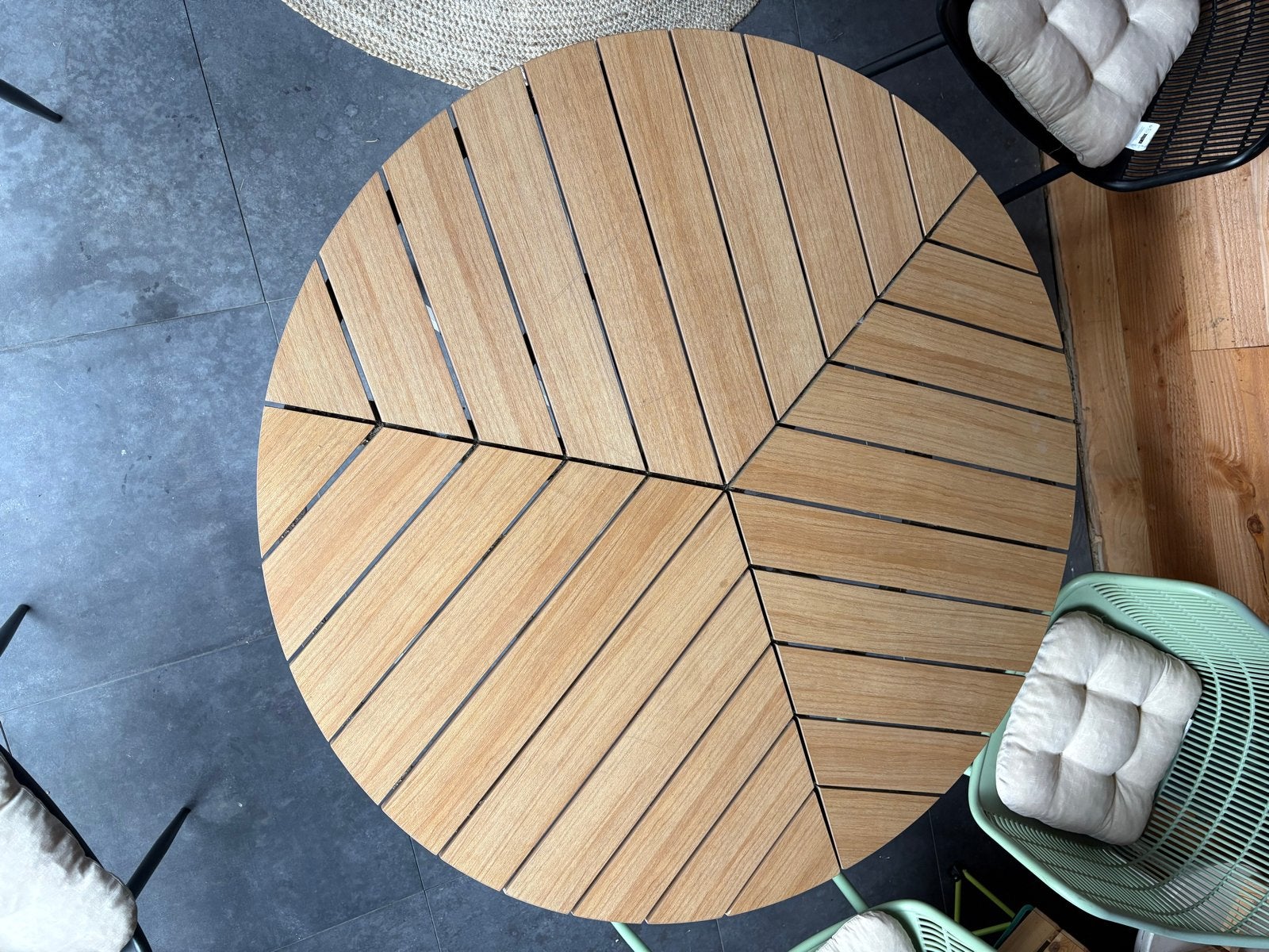 Ronde tuintafel met houtlook blad en metalen onderstel, Ophalen, Gebruikt, Rond, Hout
