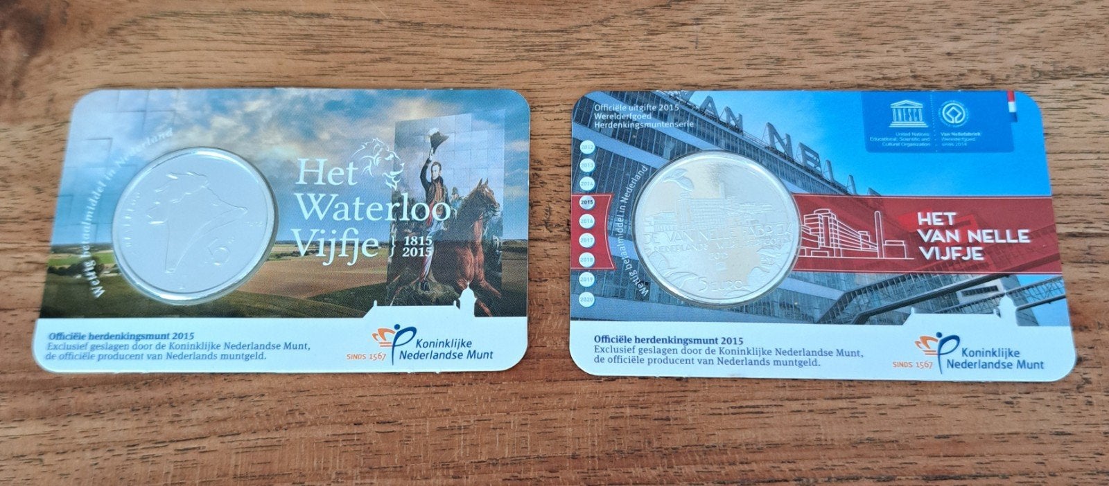 2x Coincards: Waterloo Vijfje & Van Nelle Vijfje 2015 (UNC), Ophalen of Verzenden, Euro's, Setje