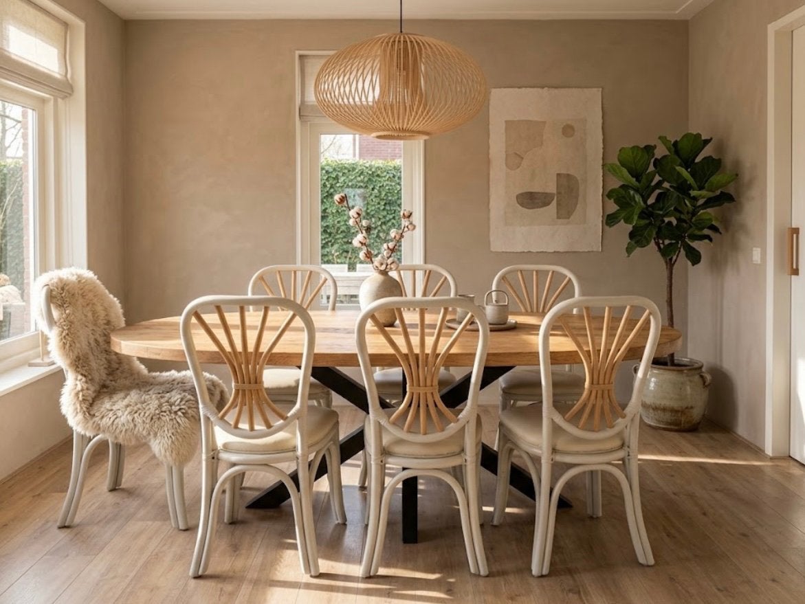 Set van 6 eetkamerstoelen greige beige serre japandi ibiza, Ophalen, Zo goed als nieuw, Grijs, Vijf, Zes of meer stoelen