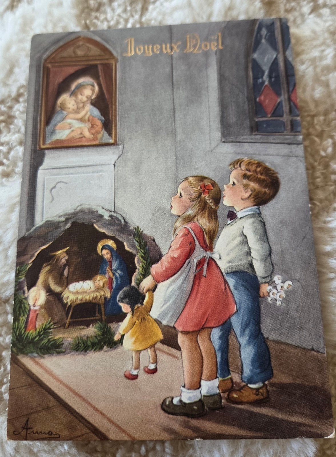 Vintage Kerstkaart 'Joyeux Noël' - Gelopen 1958, Verzenden, 1940 tot 1960, Gelopen, Feest(dag)