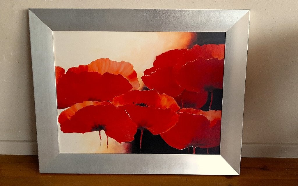 Schilderij Rode KLAPROZEN/PAPAVERS in zilverkleurige lijst, Ophalen, Gebruikt, Print, 75 tot 100 cm