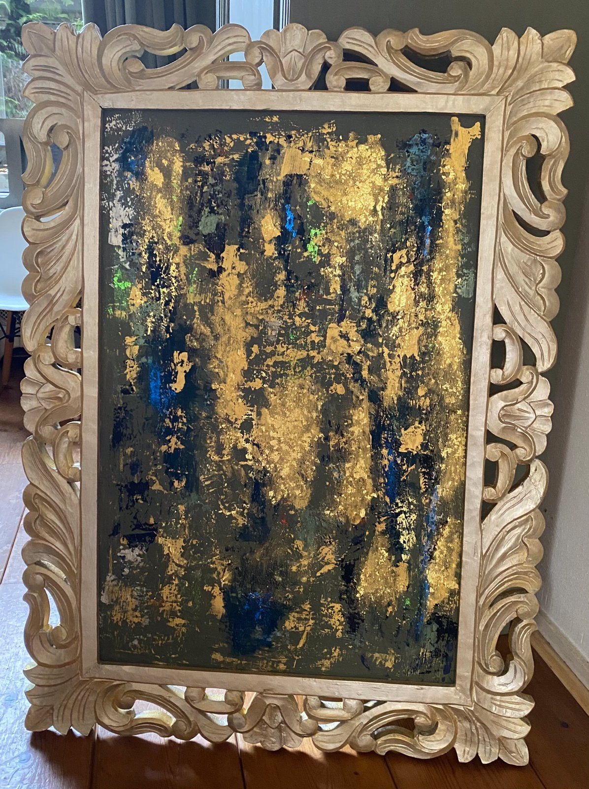 Schilderij in oude lijst blauw groen kunst aan de muur VdlM, Ophalen