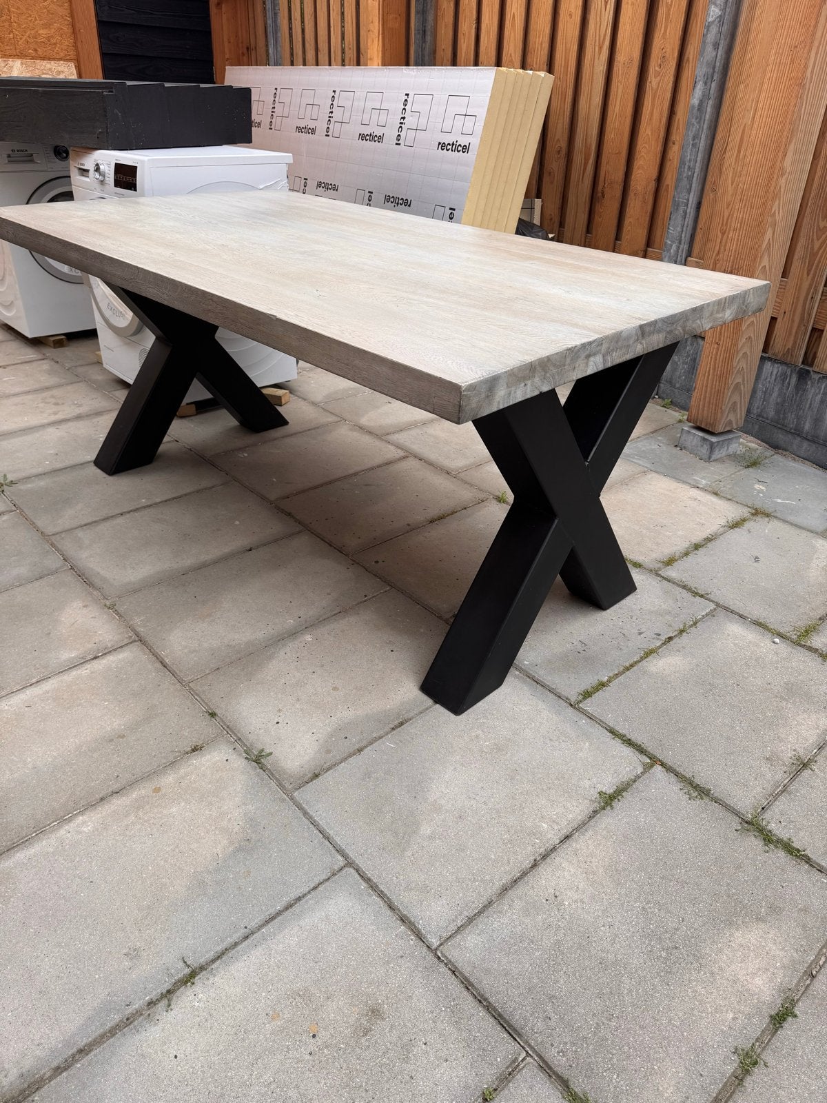 Stevige Eetkamertafel met Stalen X-poot - 180x100 cm, Ophalen, Gebruikt, 100 tot 150 cm, Vier personen
