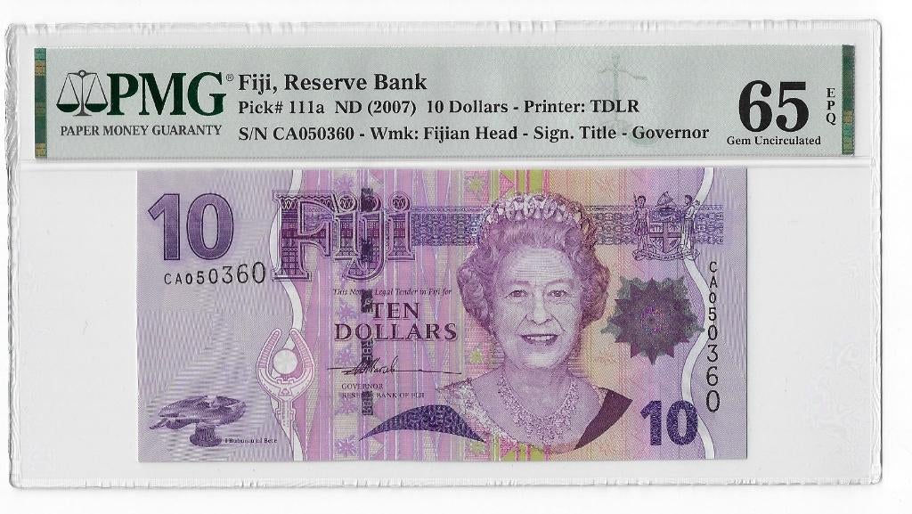 Fiji Islands 10 Dollars 2007 Unc PMG 65 EPQ, Ophalen of Verzenden, Los biljet