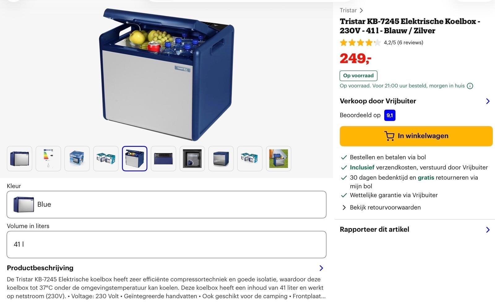 Tristar KB-7245 Elektrische Koelbox - 230V - 41L - Blauw, Ophalen of Verzenden, Zo goed als nieuw, Koelbox, Compressor
